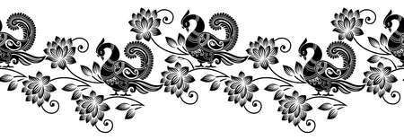 Seamless black and white traditional Asian peacock borderのイラスト素材