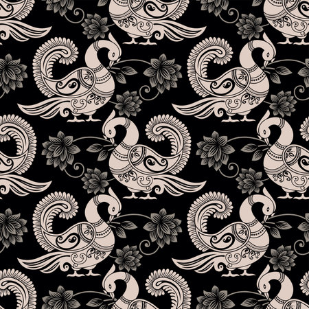 Monochrome color traditional Asian peacock pattern designのイラスト素材