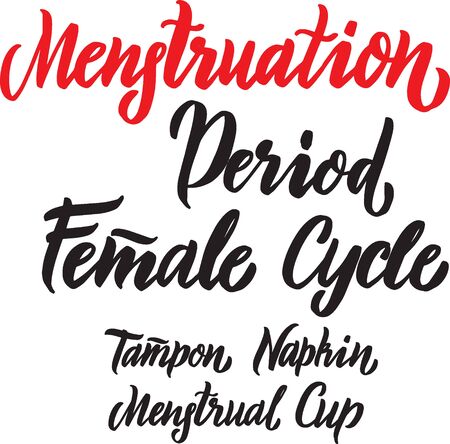 Menstruation hand written lettering   words: period, female cycle, tampon, napkin, menstrual cup.