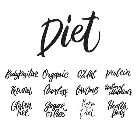 Diet hand written lettering words: bodypositive, organic, fat, protein, gluten free, sugar free, lowcarb, flourless.のイラスト素材