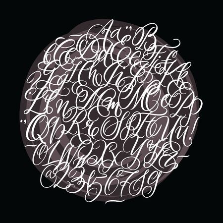 Hand drawn typeface on black background. Painted characters in circle: lowercase and uppercase.のイラスト素材