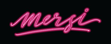 Grateful hand written lettering with neon light on black background. Mersi card design.のイラスト素材