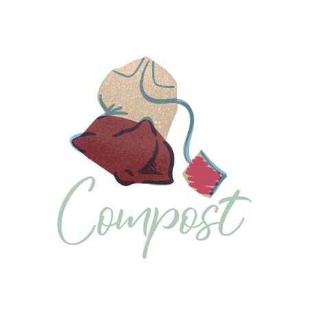 Teabag to compost. Organic waste theme. Illustration for home food processing and compost, organic waste, zero waste, environmental problem.のイラスト素材