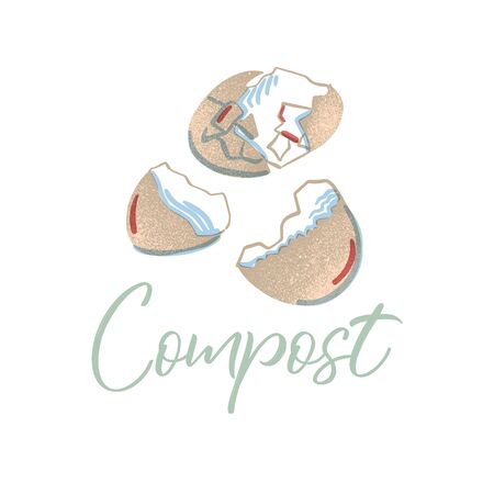 Eggshell to compost. Organic waste theme. Illustration for home food processing and compost, organic waste, zero waste, environmental problem.のイラスト素材