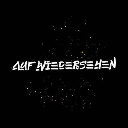 AufWiedersehen brush paint hand drawn lettering on black background with splashes. Parting in german language design templates for greeting cards, overlays, postersのイラスト素材