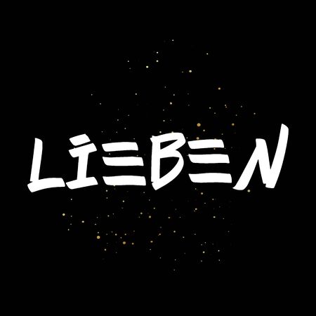 Lieben brush paint hand drawn lettering on black background with splashes. Love in german language design templates for greeting cards, overlays, postersのイラスト素材