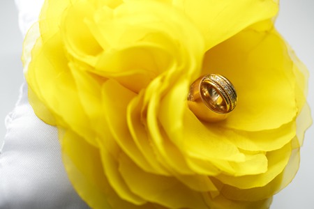 diamond ring on yellow flower. Wedding accessoriesの写真素材