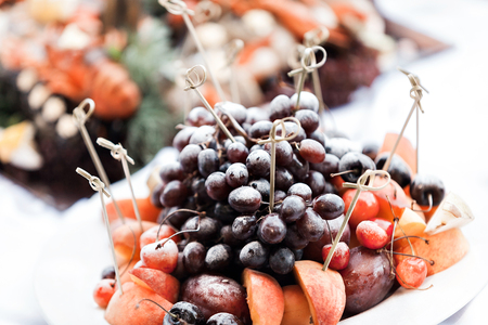 some decoration with fruit during a wedding banquet. the buffet at the reception. Assortment of canapes. Banquet service. catering food,の写真素材