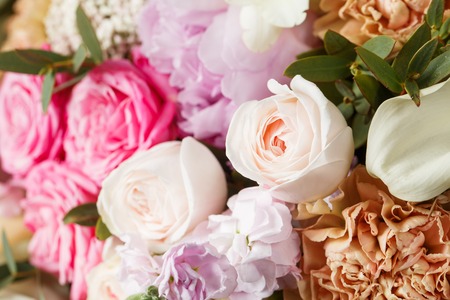 empty space decorating rose and mixed flowers sweet romantic conceptの写真素材