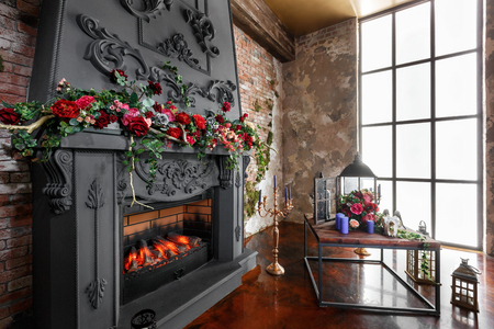Interior loft with fireplace in modern designの写真素材