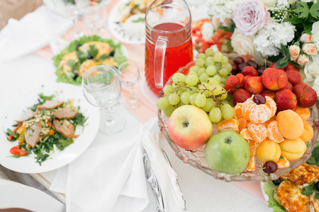 fresh ftuit on holiday table.の写真素材