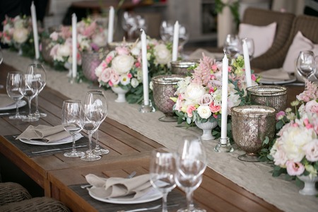 Luxury, elegant wedding reception table arrangement, floral centerpieceの写真素材