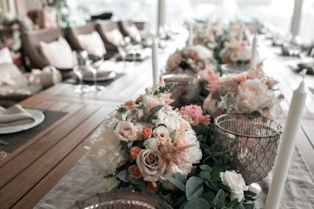 Luxury, elegant wedding reception table arrangement, floral centerpieceの写真素材