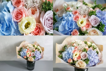 beautiful bouquet made of different flowers on grey background. colorful color mix flower. close-upの写真素材