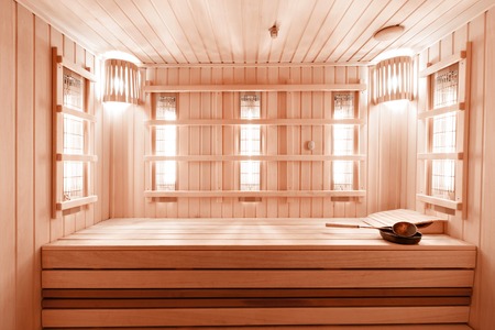 Interior of new Finnish sauna, infrared panels for medical procedures, classic wooden sauna.の写真素材