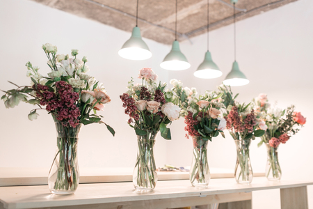 Kits for students. Master class on making bouquets. Summer bouquet. Learning flower arranging, making beautiful bouquets with your own handsの写真素材