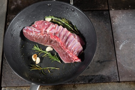 fried ribs of lamb. add a sprig of rosemary and garlic.