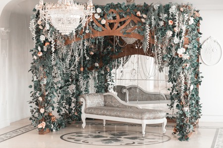 photographic studio with modern lighting equipment. Light spring room studio interior. Luxury decor with daylight.の写真素材