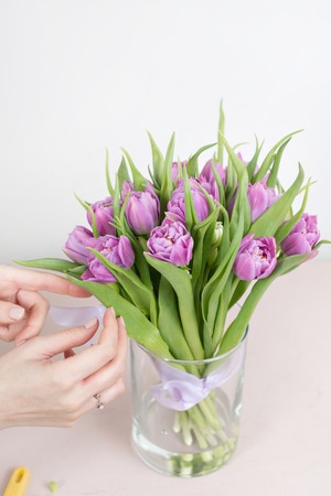 caring for a bouquet of flowers, step by step. Cut the stems and put in a vase. Young woman holding a beautiful bunch of violet tulips in her hands. Sunny spring morning.の写真素材