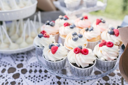 Set of different delicious tasty muffins with berries on summer background. Different dessert tartlets with cream and fresh blueberry and raspberry. Selective focus. candy bar conceptの写真素材
