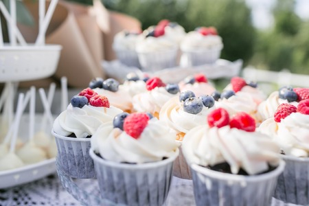 Set of different delicious tasty muffins with berries on summer background. Different dessert tartlets with cream and fresh blueberry and raspberry. Selective focus. candy bar conceptの写真素材