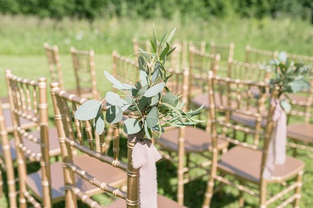 Wooden chairs decorated with flowers, are in the zone of the wedding ceremony in a pine forestの写真素材