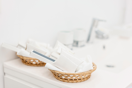 accessories for washin. Bathroom Inside rooms of a apartment or hotel. Clean white sinkの写真素材