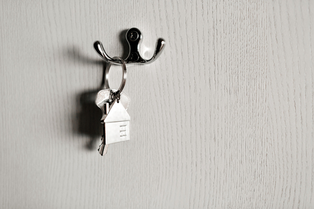 Mortgage concept. Key with house keychain. Real estate, moving home or renting property.の写真素材