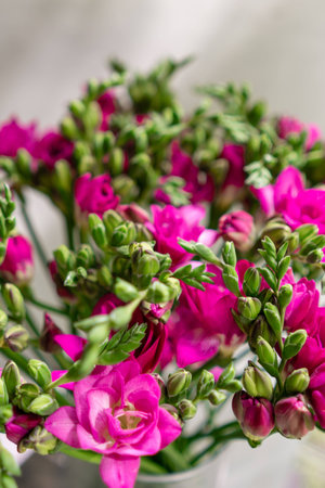 bright pink freesia flowers in glass vase on wooden table. Beautiful summer bouquet. Arrangement with mix flowers. The concept of a flower shop. Content for the catalogの写真素材