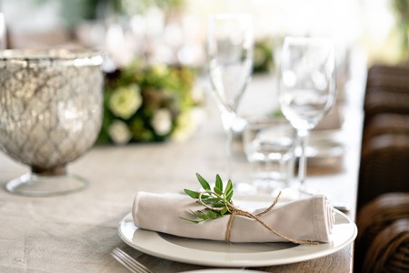 Neatly twisted into a tube dining room napkin decorated with a sprig of pistachio. Wedding Banquet...
