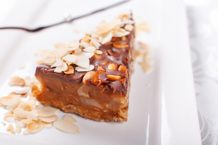Nuts cake. Piece of Cake with almond ant peanut on a Plate. Sweet food. Sweet dessert. Food background. Close up.の写真素材