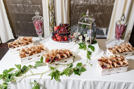 candy bar. Fresh Fruit in envelope on banquet table at business or wedding event venue. Self service...