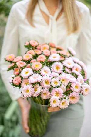 Vase with beautiful aster flower bouquet in womens hand. vase with summer flowers at nature backgroundの写真素材