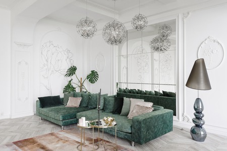 Morning in luxurious light interior in hotel. Bright and clean interior design of a luxury living...