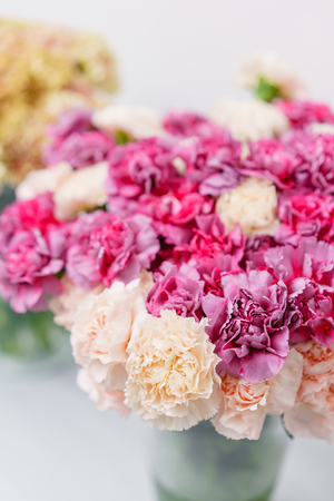 Bouquet of carnation flowers pink and violet color. Spring background. Clove bunch present for Mothers Day.の写真素材