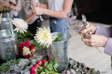 Close-up flowers in a metal bucket. Florist workplace. Woman arranging a bouquet with roses, chrysanthemum, carnation and other flowers. A teacher of floristry in master classes or coursesの写真素材
