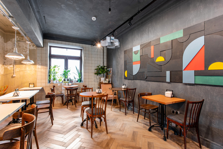 Russia, Nizhny Novgorod - June 26, 2018: Cafe Bokertov. Empty cafe or bar interior, daytime. Great Israeli kosher food.のeditorial素材