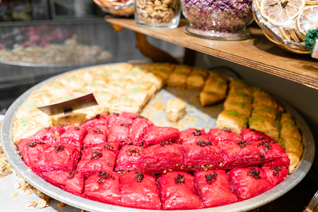 Variety of sweets Pastry. Traditional Eastern dessert Eastern sweets in a wide range, baklava, almond, cashew and pistachio nuts.の写真素材