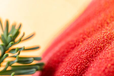 Mini mousse pastry dessert covered with red velour. Garland lamps bokeh on background. Modern...