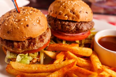 Two mini burgers in the restaurant. Sesame bun, meat Patty, tomato, lettuce and pickle. Tasty Served with French friesの写真素材
