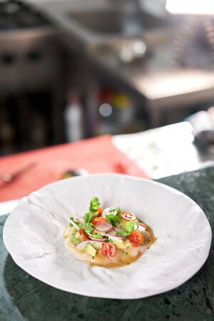 the finished dish in a restaurant kitchen . Tartar from scallop with avocado, cherry tomatoes, radishes and onion. Dish in the restaurant from raw seafood.の写真素材