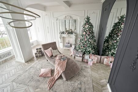 Christmas morning. Classic luxurious apartments with decorated christmas tree and presents. Living...