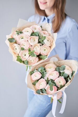 Persian buttercup in womans hands. Bunch pale pink ranunculus flowers with green eucalyptus. The work of the florist at a flower shopの写真素材