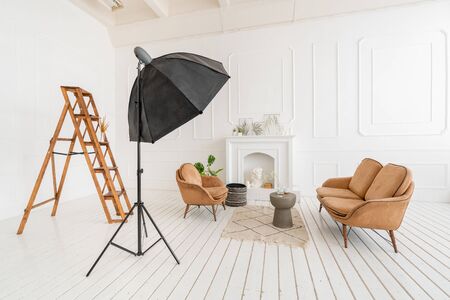 Interior photo Studio. Morning in light interior. Bright and clean interior design of a luxury living room with wooden floors, fireplace, sofa and chair . Stucco on wallsの写真素材