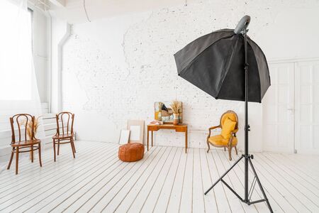 Interior photo Studio. Morning in light interior. Bright and clean interior design of a luxury living room with wooden floors, fireplace, sofa and chair . Stucco on wallsの写真素材