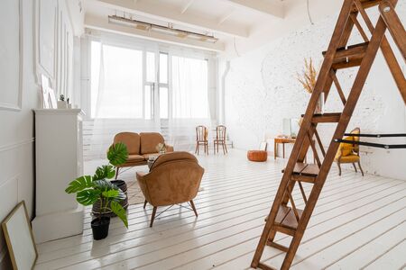 Interior photo Studio. Morning in light interior. Bright and clean interior design of a luxury...