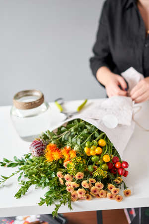 Series, step by step installation of flowers in a vase. Flowers bunch, set for home. Fresh cut...