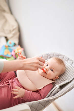 Young mother feeding her baby daughter with fruit puree. The baby is 7 months old, lying in a special high chair for babies.の写真素材