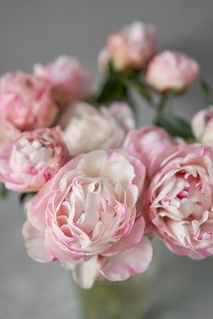 Pink peonies in a metal vase. Beautiful peony flower for catalog or online store. Floral shop concept . Beautiful fresh cut bouquet. Flowers deliveryの写真素材