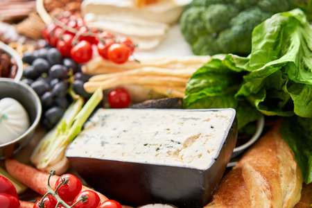 Gorgonzola cheese close-up. Table full of mediterranean appetizers, tapas or antipasto. Assorted Italian food set. Delicious snack on party or picnic time. Meat and cheese. Italian style banquet.の写真素材